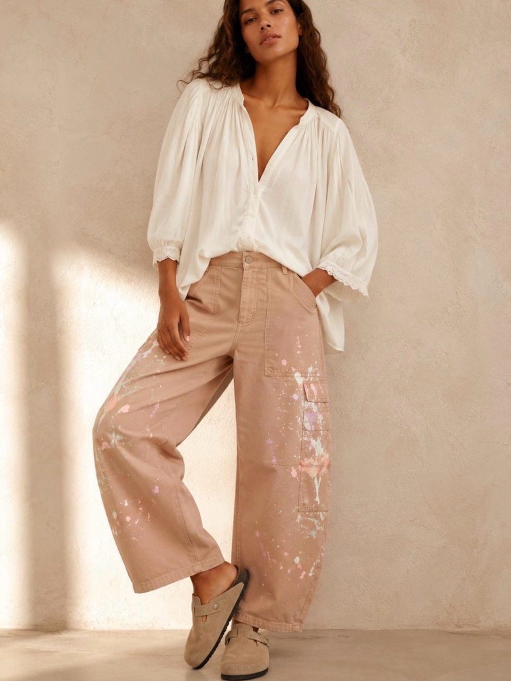 Anthropologie Pilcro Wide-Leg Paint-Splatter Carpenter Pants in Dusty Pink